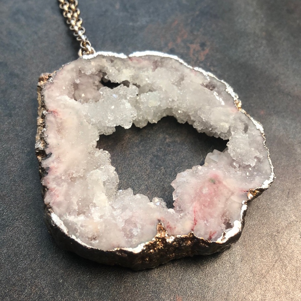 Long gold crystal white pendent necklace